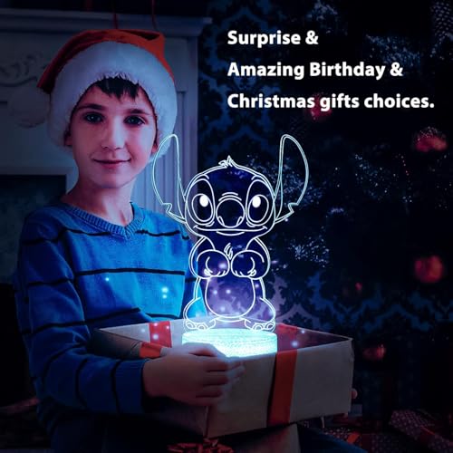 Hoofun 3D Illusion Stitch Night Light: Stitch Gifts Light with Remote Control and Smart Touch, Stitch Stuff for Girls Room Decor Lamp Birthday Christmas Gifts