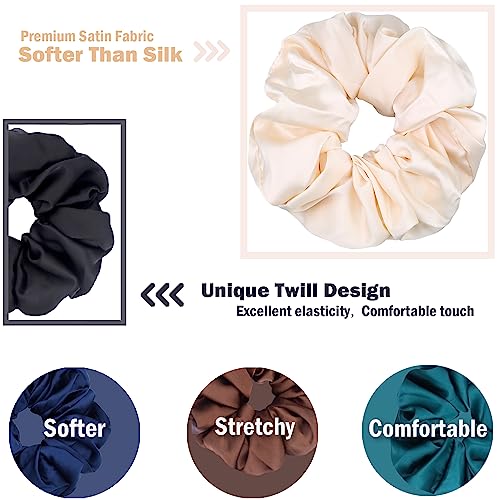 IVARYSS Big Scrunchies for Women Thick Hair, Premium Satin Softer than Silk, XL 6 Inch Extra Large Scrunchy Elastic Hair Bands Accessories, 6 Pack, Black