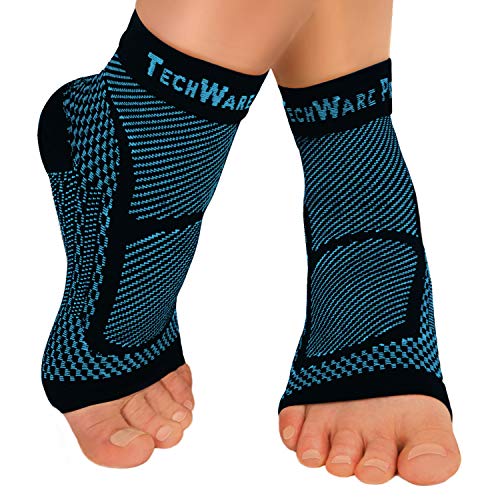 TechWare Pro Ankle Brace Compression Sleeve - Relieves Achilles Tendonitis, Joint Pain. Plantar Fasciitis Foot Sock with Arch Support Reduces Swelling & Heel Spur Pain. (Black/Blue, L/XL)