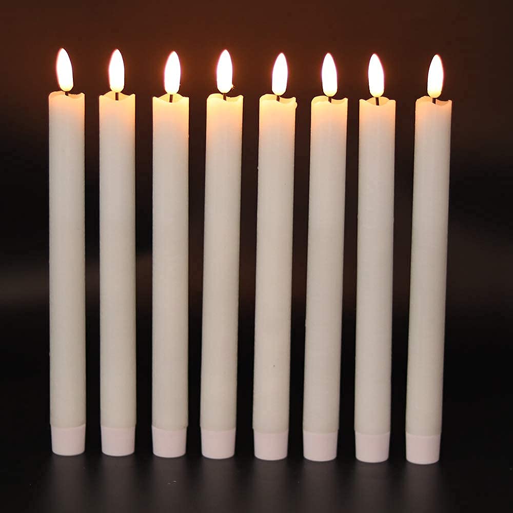 GenSwin Flameless Flickering Taper Candles with 2 Remote Controls and Timer, Real Wax 3D Wick Light Window Candles Battery Operated Pack of 8, Christmas Home Wedding Decor(White, 0.78 X 9.64 Inch)
