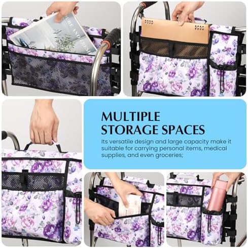 Walker Accessories for Folding Walker Double Sided Walker Bag with Cup holer Organizer Pouch Storage Tote for Rollator Carrying