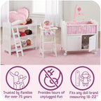 Badger Basket Wooden Doll High Chair with Feeding Tray, Bib, Personalization Kit, and Accessories - Fits 18-Inch Dolls, White with Pink Gingham Seat for Pretend Play