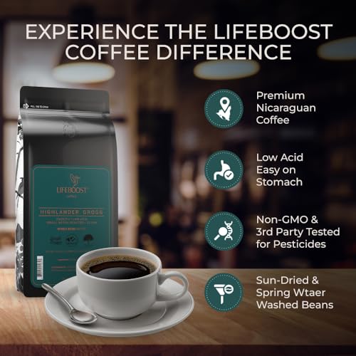 Lifeboost Highlander Grogg Whole Bean Coffee - Low Acid Single Origin USDA Organic Coffee - Non-GMO Highlander Grogg Coffee Beans Third Party Tested For Mycotoxins & Pesticides - 12 Ounces