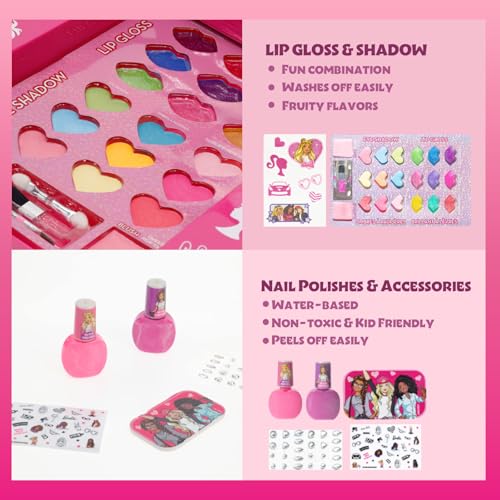 Barbie Beauty Vanity Set with Light-Up Mirror, Includes Lip Gloss, Eye Shadow, Brushes, Nail Polish, Accessories, and More! Ages 3+ Perfect for Parties, Sleepovers, and Makeovers, by Townley Girl