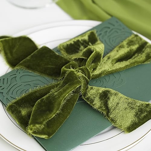HUIHUANG Olive Green Velvet Ribbon 2 inch Handmade Fringe Frayed Silk Velvet Ribbon for Flower Bouquet, Gift Wrapping, Invitations, Holiday Christmas Decor, Wedding Bridal Shower Decor-3 Yards