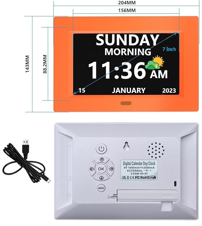 LXBYJKJ 7 Inch Digital Clock with Day and Date for Elderly Alzheimer's Dementia Clock Customizable Alarms 3 Display Modes Large Font Digital Alarm Clock for Seniors Orange