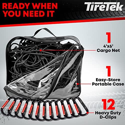 TIRETEK Cargo Net Truck Accessories for Men, Heavy-Duty Pickup Truck Bed Netting 4' x 6' Stretches to 8' x 12', 12 Metal Carabiners, Bungee Mesh Accessory with Strap Hooks for SUV, Trailer Tarp