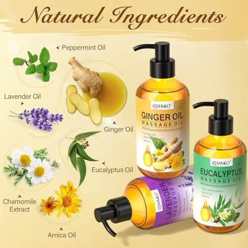 Valentine's Day Gifts for Men&Women -3 Pack Massage Oil for Massage Therapy,Lymphatic Drainage Ginger Oil | Lavender Oil | Sore Muscle Eucalyptus Massage Oils &Massage Ball for Date Night