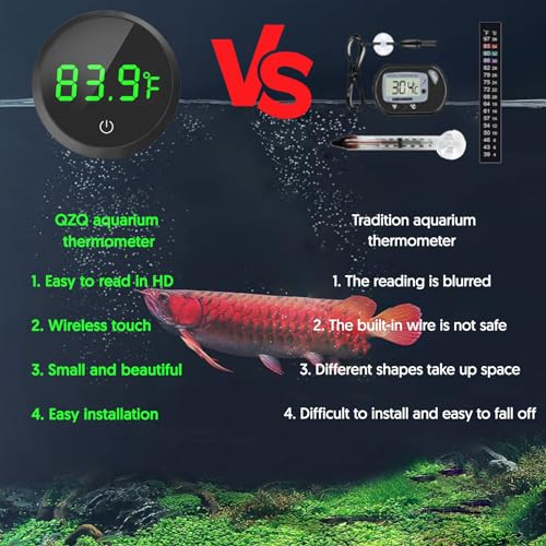 QZQ Fish Tank Thermometer Aquarium Thermometer Wireless Touch Stick Digital Aquarium Thermometer LED Display ±1°F for Monitoring The Fish Tank Aquarium Temperature Accessories (Black)