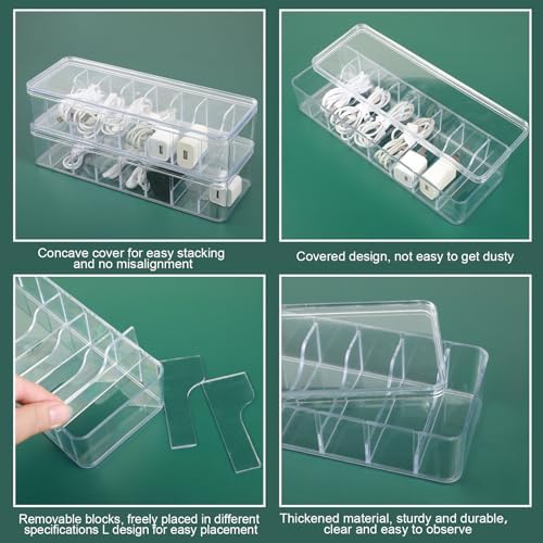 Cable Organizer Box with Lid, 3 Pcs Clear Cord Storage Organizer with 30 Cable Ties 62 Cable Labels, Charger Organizer for Office Desk Drawer Organizers and Accessories