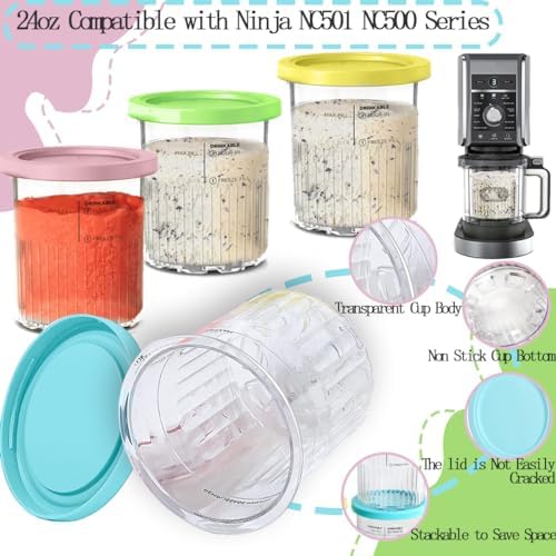 4 Pack Containers Replacement for Ninja,Creami Pints and Lids 24oz Compatible with Ninja NC501 NC500 Series Deluxe Ice Cream Makers XL Cups Dishwasher Safe (24OZ)