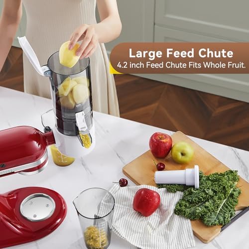 Masticating Juicer Attachment for KitchenAid Stand Mixer, 4.2" Large Feed Chute Fit Whole Vegetables & Fruits, Slow Cold Press Juicing, Includes 2 28oz capacity cups and blade replacement