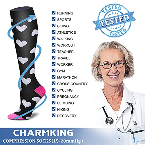 CHARMKING Compression Socks for Women & Men (8 Pairs) 15-20 mmHg Graduated Copper Support Socks are Best for Pregnant, Nurses - Boost Performance, Circulation, Knee High & Wide Calf (S/M, Multi 20)