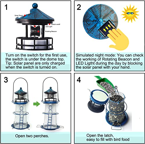 wtreew Solar Lighthouse Bird Feeder with Rotating Beacon - 14" Hanging Mesh Wild Bird Feeders for Eaves, Balcony, Trees, Hooks, Best Bird Feeder Gifts for Bird Lovers,Women,Kids,Elderly(Space Blue)