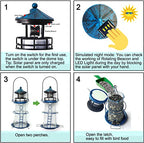 wtreew Solar Lighthouse Bird Feeder with Rotating Beacon - 14" Hanging Mesh Wild Bird Feeders for Eaves, Balcony, Trees, Hooks, Best Bird Feeder Gifts for Bird Lovers,Women,Kids,Elderly(Space Blue)