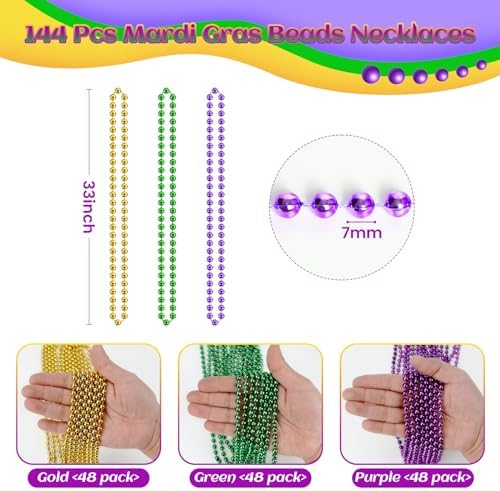 Mardi Gras Beads Bulk, 144 Pcs Mardi Gras Beads Necklaces 33'' 7 mm Metallic Gold Green Purple Bead Necklaces Mardi Gras Accessories Throw Beads in Bulk for Mardi Gras, Christmas, Party Favors