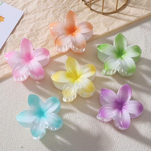 Hawaiian Plumeria Hair Accessories - 6 Pack Large Claw Clips for Thick and Thin Hair, Beach Tropical Hair Clips for Women and Girls
