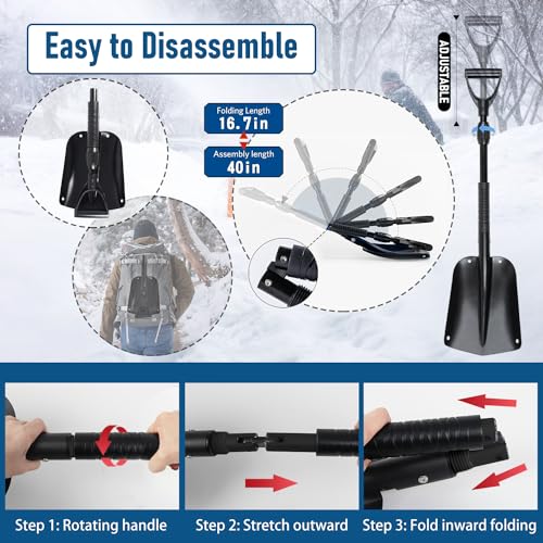 ZIHUA Car Snow Shovel for Vehicle,40" Folding Emergency Snow Shovel for Car,Snow Shovel for Car Driveway with Comfortable D-Grip Handle Portable,Car Trunk Snow Shovel (Black)