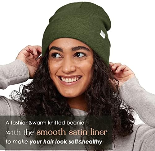 YANIBEST Womens Satin Lined Knit Beanie Hat Acrylic Winter Hats for Women Men Silk Lining Soft Slouchy Warm Cuffed Beanie Hat