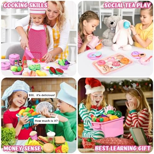 121Pcs Play Kitchen Accessories, Kids Kitchen Playset, Pretend Play Food Tea Party Set, Toy Kitchen Kids Cooking Real with Apron＆Chef Hat, Utensils Cookware Pots＆Pans, Toy Organizer, Toddler Toys Gift