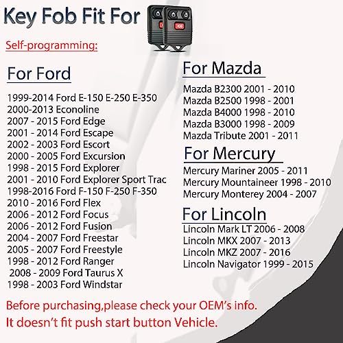 Key Fob Keyless Entry Fits for Ford F150 F250 F350 Explorer Expedition 1998-2016 / Ranger Escape Edge E150 Freestar/Lincoln Navigator Mazda 3 Button Remote Control Replacement CWTWB1U345