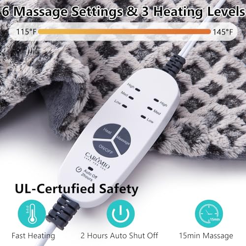 CAROMIO Massaging Heating Pad for Back Pain Relief, Neck and Shoulders Electric Heating Pads Large Size, Full Body Back Heat Pad with Auto Shut Off, 3 Heating Levels & 3 Massage Modes (Grey, 35"x24")