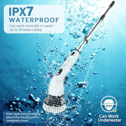 TUYU Electric Spin Scrubber, Full-Body IPX7 Waterproof Bathroom Scrubbe with Power LCD Display,8 Replacement Head for Adjustable Extension Handle Electric Cleaning Brush for Bathroom, Tub, Tile