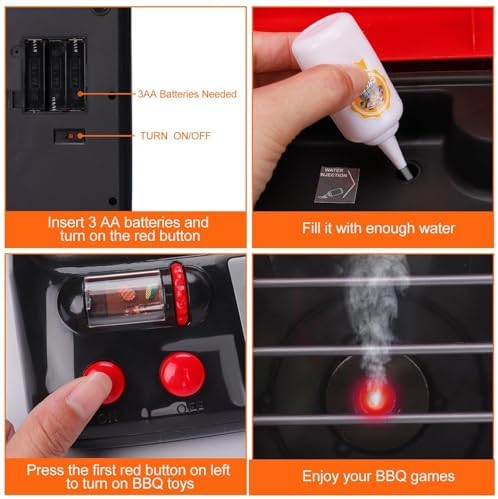 Kids Play Food Grill with Pretend Smoke Sound Light Kitchen Playset BBQ Accessories Camping Cooking Set Barbecue Toddler Girl Boy Toy 2 3 4 5 6 Year Old 4-8 Birthday Kid Toy Idea