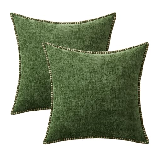MIULEE Pack of 2 Couch Throw Pillow Covers 20x20 Inch Moss Green Farmhouse Decorative Pillow Covers with Stitched Edge Soft Chenille Solid Dyed Christmas Pillow Covers for Sofa Bed Living Room