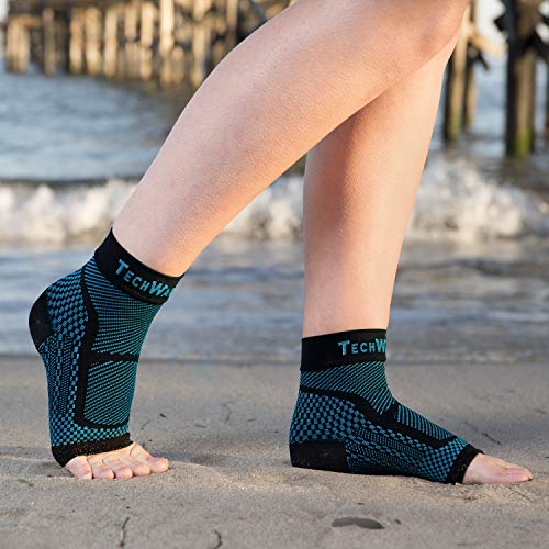 TechWare Pro Ankle Brace Compression Sleeve - Relieves Achilles Tendonitis, Joint Pain. Plantar Fasciitis Foot Sock with Arch Support Reduces Swelling & Heel Spur Pain. (Black/Blue, L/XL)