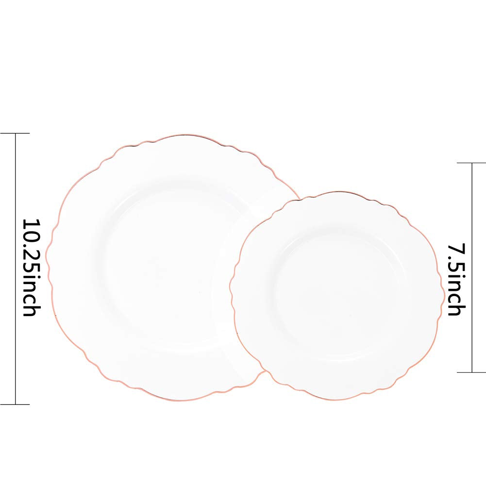 WDF 60pcs Rose Gold Plastic Plates-Baroque White &Rose Gold Disposable Plates including 30Plastic Dinner Plates 10.25inch, 30 Salad Plates 7.5inch for Wedding& Parties