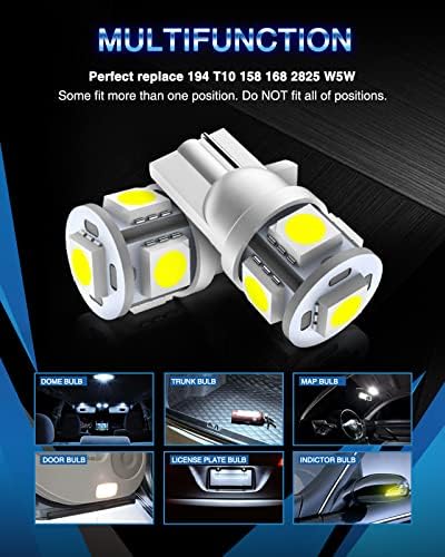 Marsauto 194 LED Bulb 6000K White 168 T10 2825 W5W 5SMD Replacement Bulbs for Car Dome Map Door Courtesy Side Marker Reading Glove Box License Plate Lights (Pack of 10)