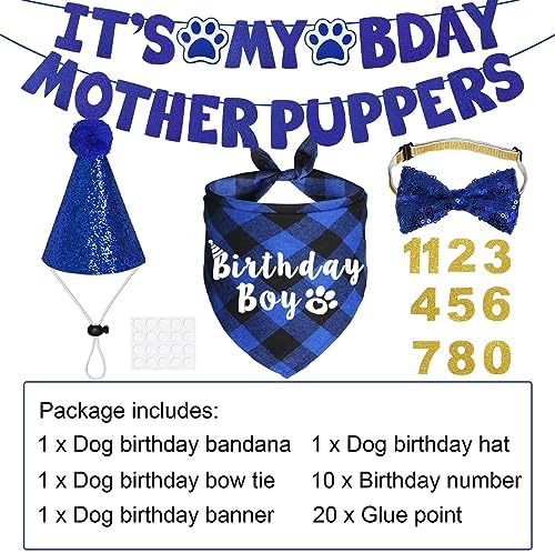 Dog Birthday Party Supplies, Multi Sizes Dog Birthday Bandana Boy Dog Birthday Hat Bow Tie Numbers It’s My Bday Mother Puppers Sign Banner for Large Extra Large Dogs Pets (X-Large, Blue)