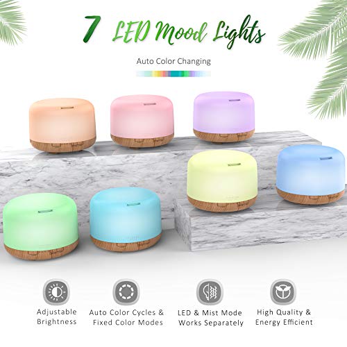 ASAKUKI Essential Oil Diffuser with Essential Oils Set, 500ml Aromatherapy Diffuser - 14 LED Colors & Auto Shut-Off, Top 6 Essential Oils - Lavender Eucalyptus Tea Tree Orange Peppermint Lemongrass