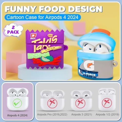 2-Pack Funny Case for Airpods 4 Cute (2024), 3D Cartoon Cute Airpods 4 Case Food Design Silicone Cover Compatible for Airpods 4 Case Airpod 4 Accessories with Keychain(Sport Water & Purple Potato)