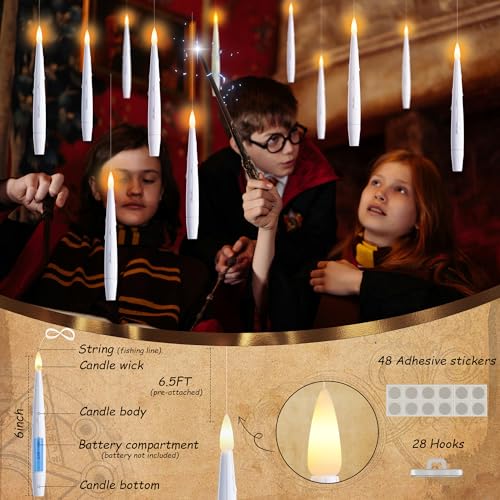 AFINETH Floating Candles with Wand, Magic Hanging Candles 20 Pack, Flickering Flameless Floating LED Candles, White Battery Operated Window Taper Candles for Halloween Christmas Birthday Party Decor