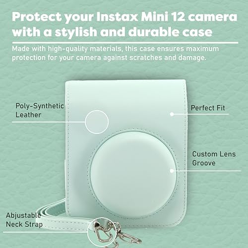Fujifilm Instax Mini 12 Instant Camera Bundle with Fujifilm Instax Mini Instant Film Value Pack (60 Sheets) with Accessories Including Protective Case, Strap, Photo Album (Mint Green)