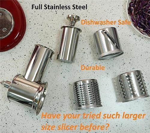 Large Stainless Steel Slicer Shredder Attachment for KitchenAid Mixers, Dishwasher Safe Salad Maker, Cheese Grater Accessories with 3 Blades & 1 Knob Thumb Screw