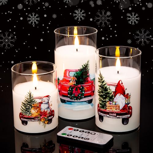 Eywamage Red Truck Glass Christmas Flameless Candles with Remote, Flickering Battery Operated LED Pillar Candles Set of 3