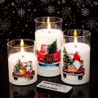 Eywamage Red Truck Glass Christmas Flameless Candles with Remote, Flickering Battery Operated LED Pillar Candles Set of 3