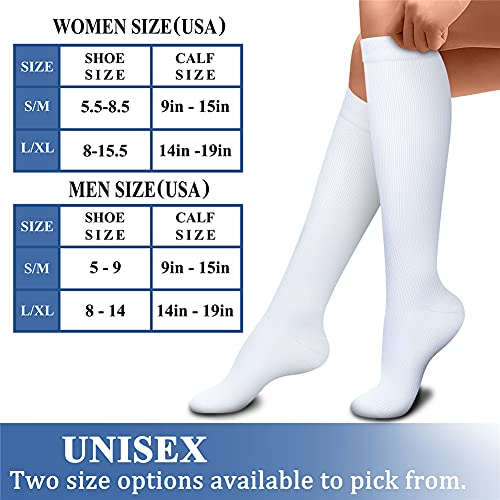 CHARMKING Compression Socks for Women & Men (8 Pairs) 15-20 mmHg Graduated Copper Support Socks are Best for Pregnant, Nurses - Boost Performance, Circulation, Knee High & Wide Calf (S/M, White)