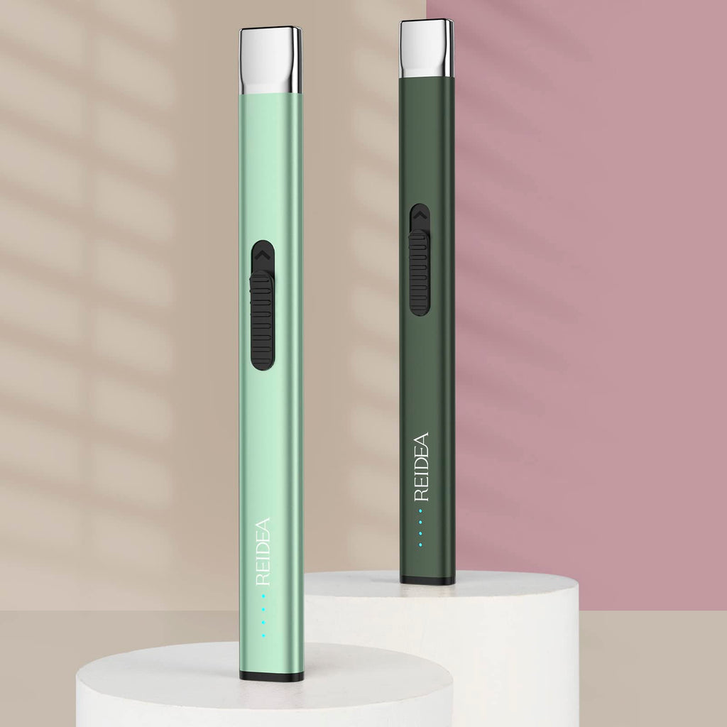 REIDEA Electric Lighter R1 Flat Candle Lighter, Windproof Flameless USB Rechargeable Arc Lighter with Safe Button and Power Indicator for Candle, BBQ and Fireworks, Mint Green