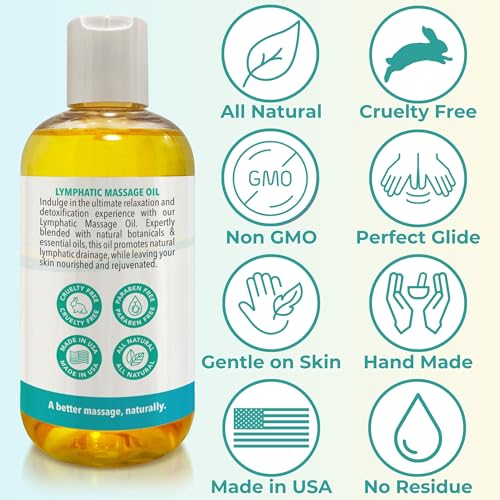 Lymphatic Drainage Massage Oil | 100% Natural Massage Oil for Massage Therapy | Premium Quality with Arnica Eucalyptus & Menthol | for Post Surgery Recovery & Detox | 8oz by Brookethorne Naturals