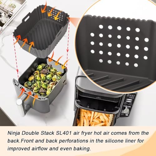 BYKITCHEN Silicone Air Fryer Liners for Ninja SL401 Double Stack 2 Basket Airfryer, Reusable Rectangle Perforated Silicone Liners for Dual Airfryer, Ninja DoubleStack XL Air Fryer Accessories