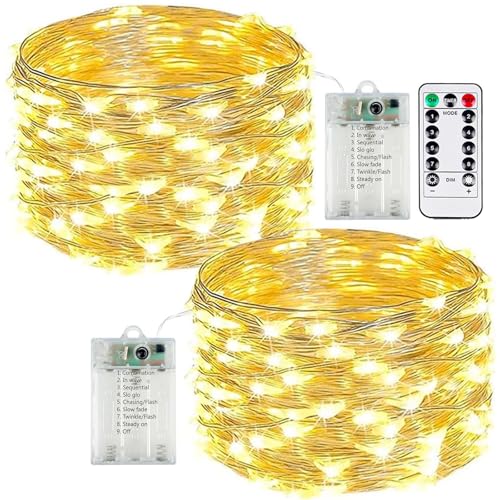 2-Pack 50 LED Fairy Lights Battery Operated with Remote Control Timer, 16 FT 50 LED Battery Lights Outdoor Indoor, 8 Mode Twinkle String Lights for Classroom Party Bedroom Christmas Décor (Warm White)