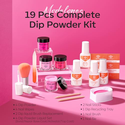 Modelones Dip Powder Nail Kit, 4 Colors Valentine's Day Hot Pink Glitter Dipping Starter Set with Liquid and Complete Accessories for French Nails Art Salon DIY at Home Manicure