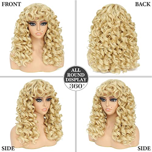 GKtineke-Blonde-Curly-Wig Big-Curly-Wigs-for-White-Black-Women 20 Inch- Long-Curly-Afro-Wig-with-Bangs Synthetic-Hair-Replacement-Wigs-for- Cosplay and Daily (Blonde)