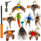 Interactive Cat Toys - 10 PCS Cat Retractable Wand Toy and Feather Toys Refills, Cat Enrichment Toys for Indoor Cats,Feather Cat Toys on a Stick,Cat Toy Small Feather Insects