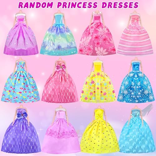 79 Pcs Doll Clothes and Accessories with Doll, Princess Gowns, Fashion Dresses, Slip Dresses, Top, Pants, Jumpsuit, Swimsuits, Shoes, Hangers, Doll Dress up Toys for Girls Kids Toddlers Toy Gifts