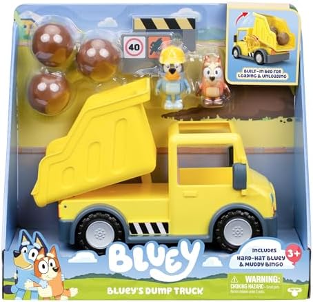 Bluey Dump Truck, with Load and Unload Feature, Get Some Work Done with Exclusive Hard-Hat and Muddy Bingo